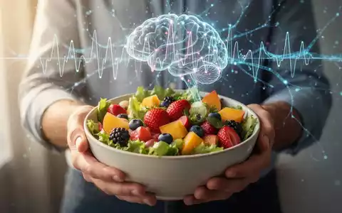 Hände halten eine Schale mit frischem, gesundem Essen, im Hintergrund eine angedeutete Darstellung der Darm-Hirn-Achse. - Foto: über boerse-global.de