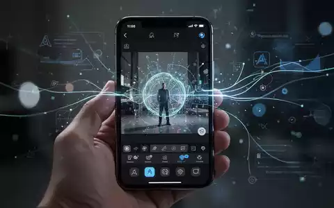 A hand holding an iPhone, displaying a photo being edited with AI tools, with digital interface elements overlaid. - Foto: über boerse-global.de