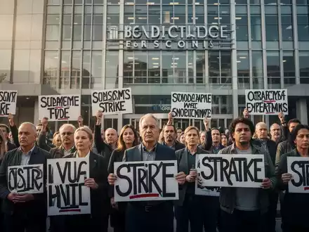 Eine Gruppe von Menschen versammelt sich vor einem modernen Gebäude, einige halten Schilder, die auf einen Streik hindeuten. - Foto: über boerse-global.de