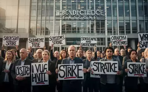 Eine Gruppe von Menschen versammelt sich vor einem modernen Gebäude, einige halten Schilder, die auf einen Streik hindeuten. - Foto: über boerse-global.de