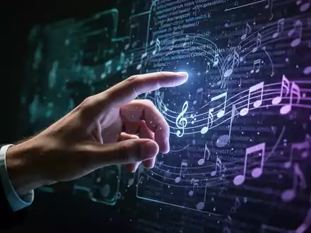 A stylized human hand reaching towards a glowing, abstract digital interface with code and musical notes, symbolizing AI content detection. - Foto: über boerse-global.de