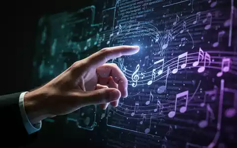 A stylized human hand reaching towards a glowing, abstract digital interface with code and musical notes, symbolizing AI content detection. - Foto: über boerse-global.de