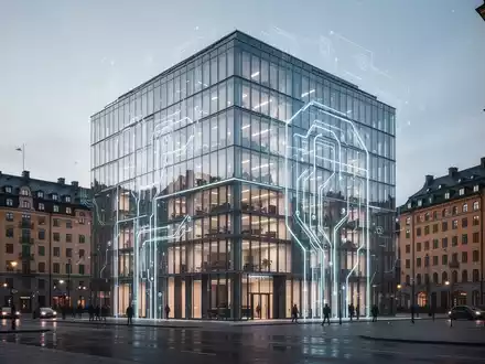 A modern office building in Stockholm with a subtle futuristic glow, representing OpenAI's new Nordic headquarters and AI innovation. - Foto: über boerse-global.de