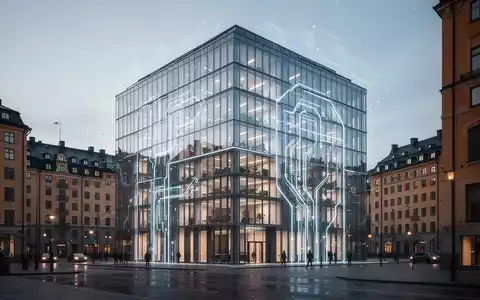 A modern office building in Stockholm with a subtle futuristic glow, representing OpenAI's new Nordic headquarters and AI innovation. - Foto: über boerse-global.de