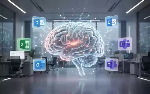 A glowing, stylized AI brain integrated with Microsoft 365 app icons in a futuristic office, symbolizing intelligent automation and workflow. - Foto: über boerse-global.de