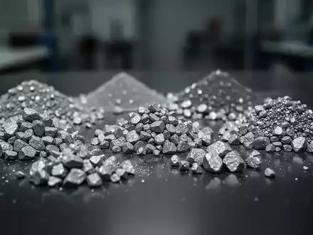 Nahaufnahme von seltenen Erden in kleinen Haufen auf einer dunklen, reflektierenden Oberfläche, die ihren metallischen Glanz hervorhebt. - Foto: über boerse-global.de