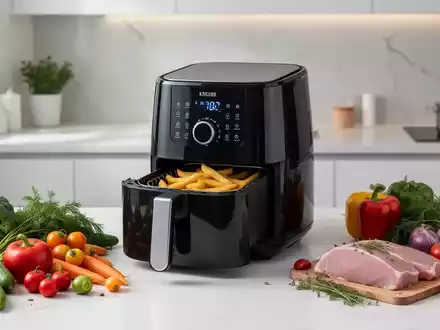 Ein moderner Airfryer in einer minimalistischen Küche, umgeben von frischem Gemüse und magerem Eiweiß, symbolisiert gesundes Kochen. - Foto: über boerse-global.de