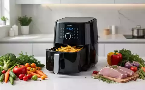 Ein moderner Airfryer in einer minimalistischen Küche, umgeben von frischem Gemüse und magerem Eiweiß, symbolisiert gesundes Kochen. - Foto: über boerse-global.de