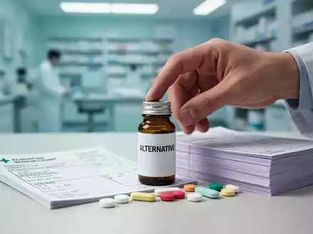 Eine Hand platziert eine Flasche mit der Aufschrift „ALTERNATIVE“ neben Rezeptblöcken und Pillen in einer medizinischen Umgebung. - Foto: über boerse-global.de