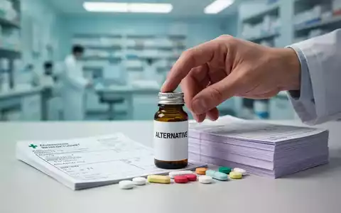 Eine Hand platziert eine Flasche mit der Aufschrift „ALTERNATIVE“ neben Rezeptblöcken und Pillen in einer medizinischen Umgebung. - Foto: über boerse-global.de
