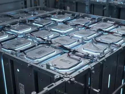 Nahaufnahme von modernen Lithium-Ionen-Batteriezellen in einem großen industriellen Batteriespeicher, die ein kühles blaues Licht abstrahlen. - Foto: über boerse-global.de