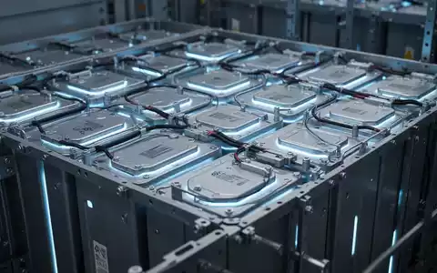Nahaufnahme von modernen Lithium-Ionen-Batteriezellen in einem großen industriellen Batteriespeicher, die ein kühles blaues Licht abstrahlen. - Foto: über boerse-global.de