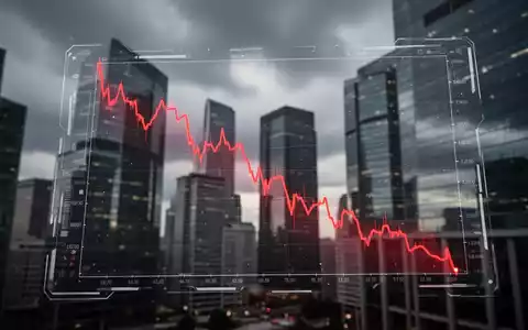 Ein fallender roter Aktienkurs auf einem digitalen Bildschirm mit verschwommenen Hochhäusern im Hintergrund, der ein Jahrestief darstellt. - Foto: über boerse-global.de