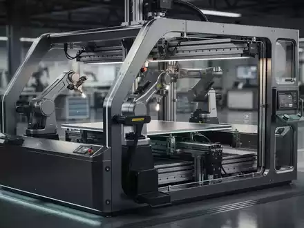 Eine hochmoderne, futuristische Fertigungsmaschine in einer sauberen, hochtechnologischen Fabrikhalle. - Foto: über boerse-global.de