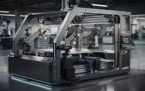 Eine hochmoderne, futuristische Fertigungsmaschine in einer sauberen, hochtechnologischen Fabrikhalle. - Foto: über boerse-global.de