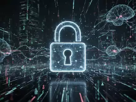 A glowing padlock icon over a digital landscape with data streams and AI elements, representing cybersecurity in AI. - Foto: über boerse-global.de