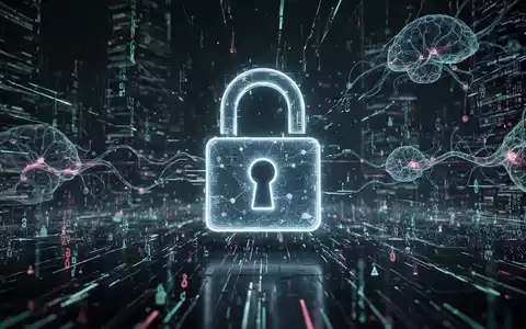 A glowing padlock icon over a digital landscape with data streams and AI elements, representing cybersecurity in AI. - Foto: über boerse-global.de