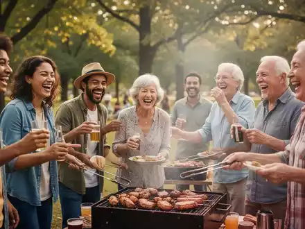 Eine vielfältige Gruppe von Menschen jeden Alters lacht und interagiert fröhlich bei einem Grillfest im Freien in einem Park. - Foto: über boerse-global.de