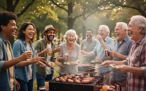 Eine vielfältige Gruppe von Menschen jeden Alters lacht und interagiert fröhlich bei einem Grillfest im Freien in einem Park. - Foto: über boerse-global.de