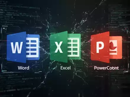 A stylized, slightly glitching digital interface with Microsoft Office icons and overlaid code, representing a software bug. - Foto: über boerse-global.de