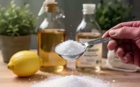 Eine Hand hält einen Messlöffel mit Waschsoda-Kristallen, im Hintergrund unscharf eine Zitrone und eine Essigflasche. - Foto: über boerse-global.de