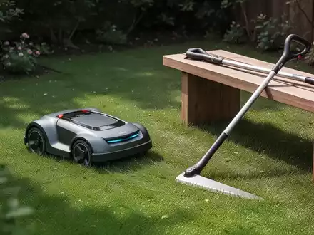 Ein minimalistischer Mähroboter auf einem kleinen Rasen und ergonomische Handwerkzeuge, die für einfache Gartenarbeit stehen. - Foto: über boerse-global.de