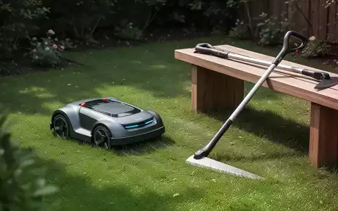Ein minimalistischer Mähroboter auf einem kleinen Rasen und ergonomische Handwerkzeuge, die für einfache Gartenarbeit stehen. - Foto: über boerse-global.de