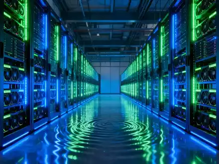 Ein futuristisches Rechenzentrum mit leuchtenden Server-Racks voller Nvidia-GPUs, die immense Rechenleistung darstellen. - Foto: über boerse-global.de