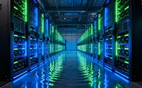 Ein futuristisches Rechenzentrum mit leuchtenden Server-Racks voller Nvidia-GPUs, die immense Rechenleistung darstellen. - Foto: über boerse-global.de