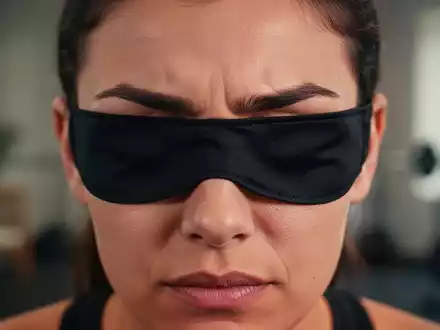 Nahaufnahme einer Person mit verbundenen Augen, die Konzentration und Fokus bei einer Gleichgewichtsübung zeigt. - Foto: über boerse-global.de