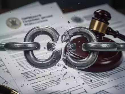 Ein gebrochenes Kettenglied vor unscharfen Dokumenten und einem Richterhammer symbolisiert Kündigung im öffentlichen Dienst. - Foto: über boerse-global.de