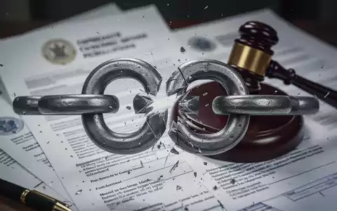 Ein gebrochenes Kettenglied vor unscharfen Dokumenten und einem Richterhammer symbolisiert Kündigung im öffentlichen Dienst. - Foto: über boerse-global.de
