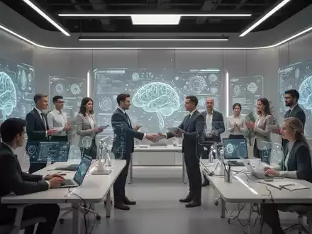 Professionals collaborate in a modern, high-tech AI studio with interactive displays, symbolizing innovation and partnership. - Foto: über boerse-global.de