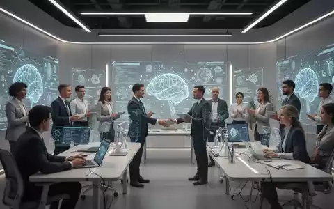Professionals collaborate in a modern, high-tech AI studio with interactive displays, symbolizing innovation and partnership. - Foto: über boerse-global.de