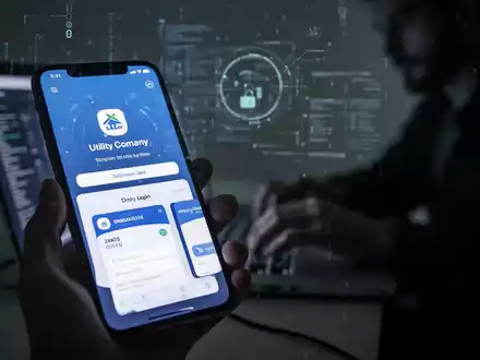 Smartphone zeigt betrügerische Anmeldeseite für EWZ und Twint. Im Hintergrund verschwommen eine Person am Laptop. - Foto: über boerse-global.de