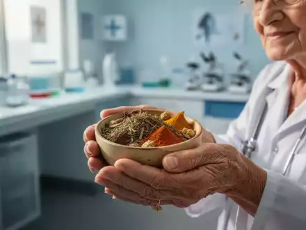 Ältere Frau hält eine Schale mit ayurvedischen Kräutern, im unscharfen Hintergrund sind medizinische Geräte angedeutet. - Foto: über boerse-global.de