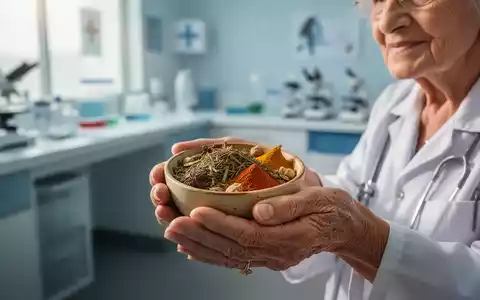 Ältere Frau hält eine Schale mit ayurvedischen Kräutern, im unscharfen Hintergrund sind medizinische Geräte angedeutet. - Foto: über boerse-global.de