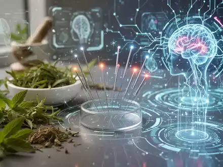 Eine futuristische Darstellung, die traditionelle chinesische Medizin (TCM) mit künstlicher Intelligenz (KI) und Digitalisierung verbindet. - Foto: über boerse-global.de