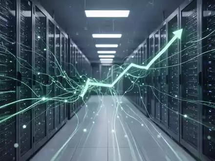Abstrakte Darstellung von Netzwerkdatenflüssen in einem modernen Rechenzentrum mit leuchtenden Linien und Server-Racks. - Foto: über boerse-global.de