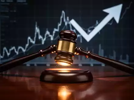 Ein Richterhammer trifft einen Klangblock, im Hintergrund spiegeln sich fallende Finanzdiagramme auf einer glänzenden Oberfläche wider. - Foto: über boerse-global.de