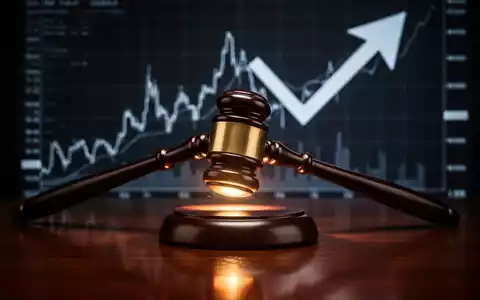 Ein Richterhammer trifft einen Klangblock, im Hintergrund spiegeln sich fallende Finanzdiagramme auf einer glänzenden Oberfläche wider. - Foto: über boerse-global.de