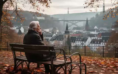 Ein älterer Mensch sitzt nachdenklich auf einer Parkbank in Wuppertal, mit Blick auf die Stadt, umgeben von Herbstlaub. - Foto: über boerse-global.de