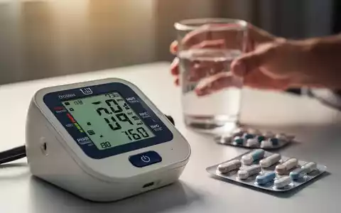 Ein Blutdruckmessgerät zeigt einen hohen Wert an. Im Hintergrund sind verschwommen eine Hand, ein Glas Wasser und Medikamente zu sehen. - Foto: über boerse-global.de