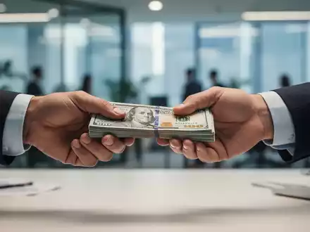 Zwei Hände schieben einen Stapel Geldscheine über einen Tisch, im Hintergrund ein unscharfes modernes Büro. Symbolisiert Gehaltsverhandlungen. - Foto: über boerse-global.de