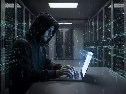 A person in a hoodie typing on a laptop, surrounded by glowing data streams in a dark server room, symbolizing a cybersecurity breach. - Foto: über boerse-global.de
