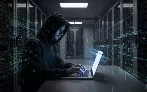 A person in a hoodie typing on a laptop, surrounded by glowing data streams in a dark server room, symbolizing a cybersecurity breach. - Foto: über boerse-global.de