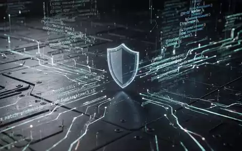 Abstrakte Darstellung von Cybersicherheit mit leuchtenden Codezeilen, die sich auf ein Schutzschild-Symbol zubewegen, auf einer dunklen Oberfläche. - Foto: über boerse-global.de