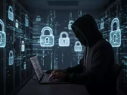 A shadowy figure in a hoodie typing on a laptop in a dimly lit server room with digital security icons. - Foto: über boerse-global.de