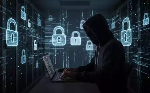 A shadowy figure in a hoodie typing on a laptop in a dimly lit server room with digital security icons. - Foto: über boerse-global.de