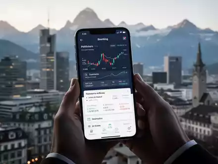 Ein Smartphone zeigt eine moderne Mobile-Banking-App mit Finanzdiagrammen vor einem verschwommenen Schweizer Stadtbild. - Foto: über boerse-global.de